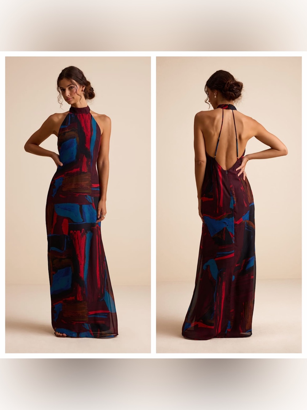 Lulu's Solayne Burgundy Multi Abstract Strappy Halter Maxi Dress
